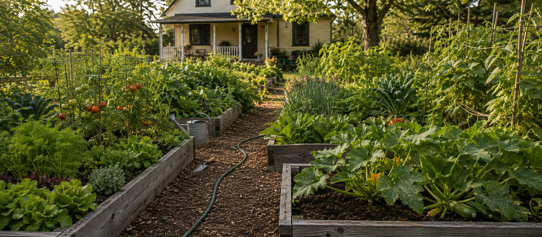 A varied garden with different plants sharing the same environment, illustrating diversification and shared conditions.