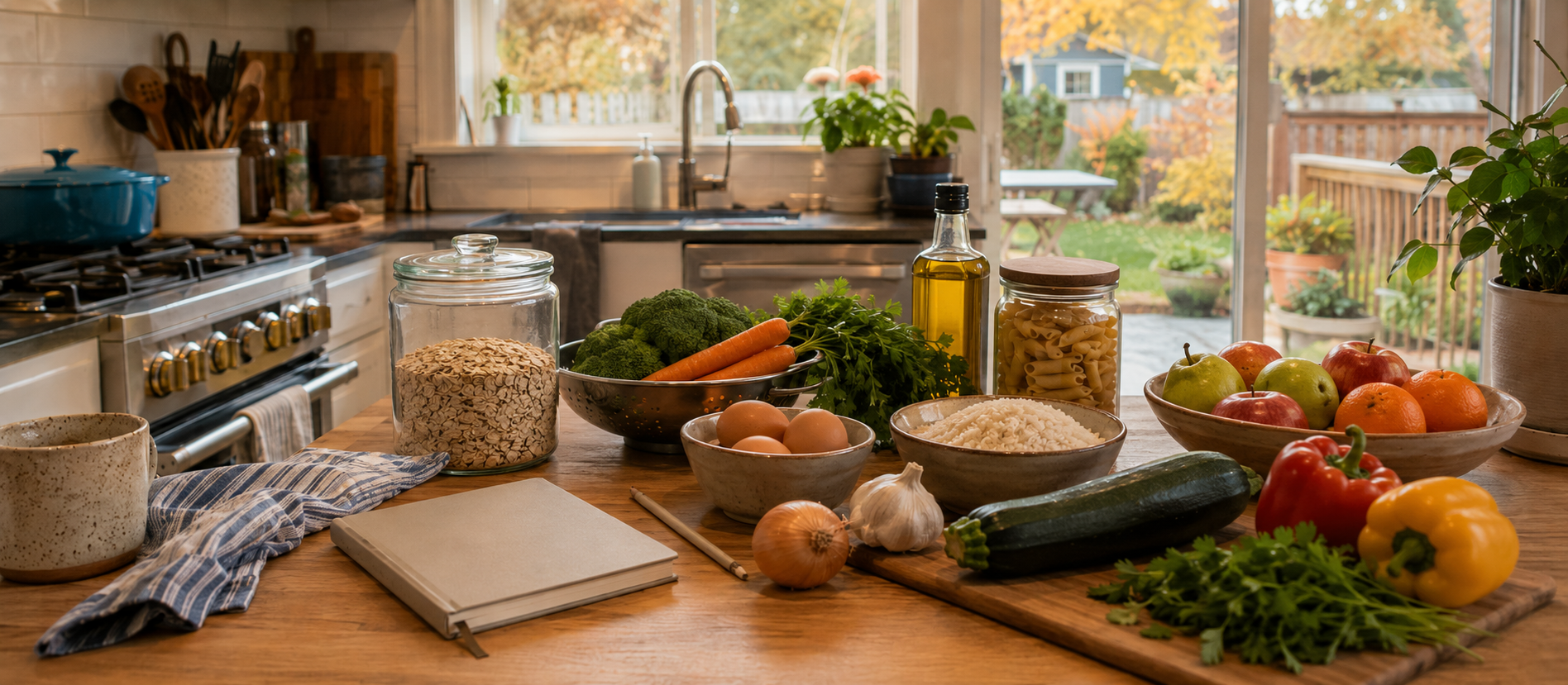 A kitchen table arranged with varied ingredients, illustrating that a mix is understood through its underlying components and proportions.