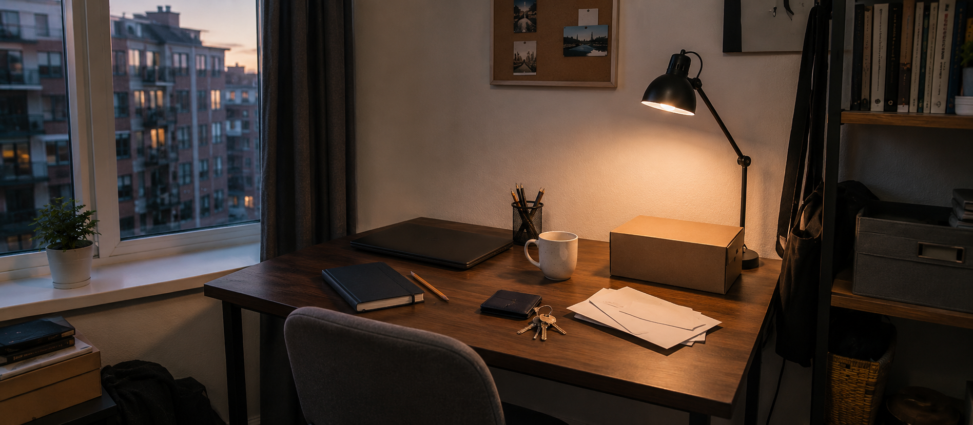 A home workspace with papers, keys and a closed laptop, illustrating the current cash and future obligations involved in borrowing.