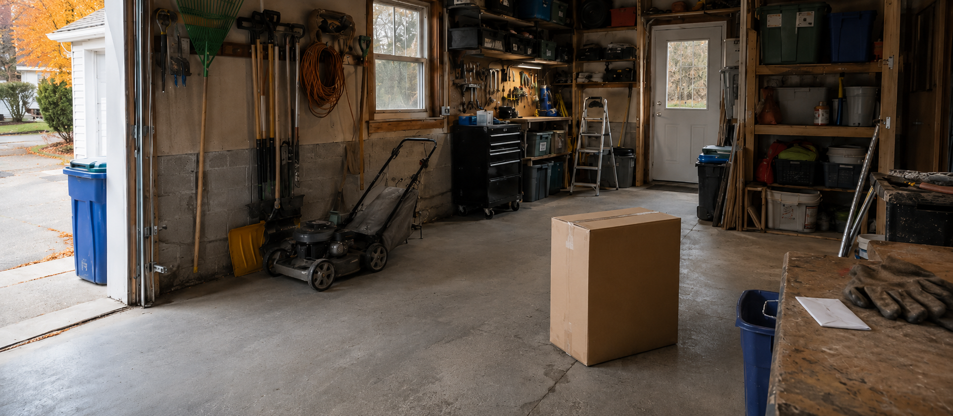 A home garage containing tools, stored belongings and a parcel, illustrating property and household assets that may sit alongside borrowing obligations.