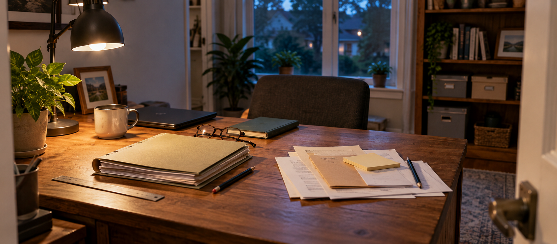 A home desk with a folder, papers and a pen arranged for reviewing mortgage documents.