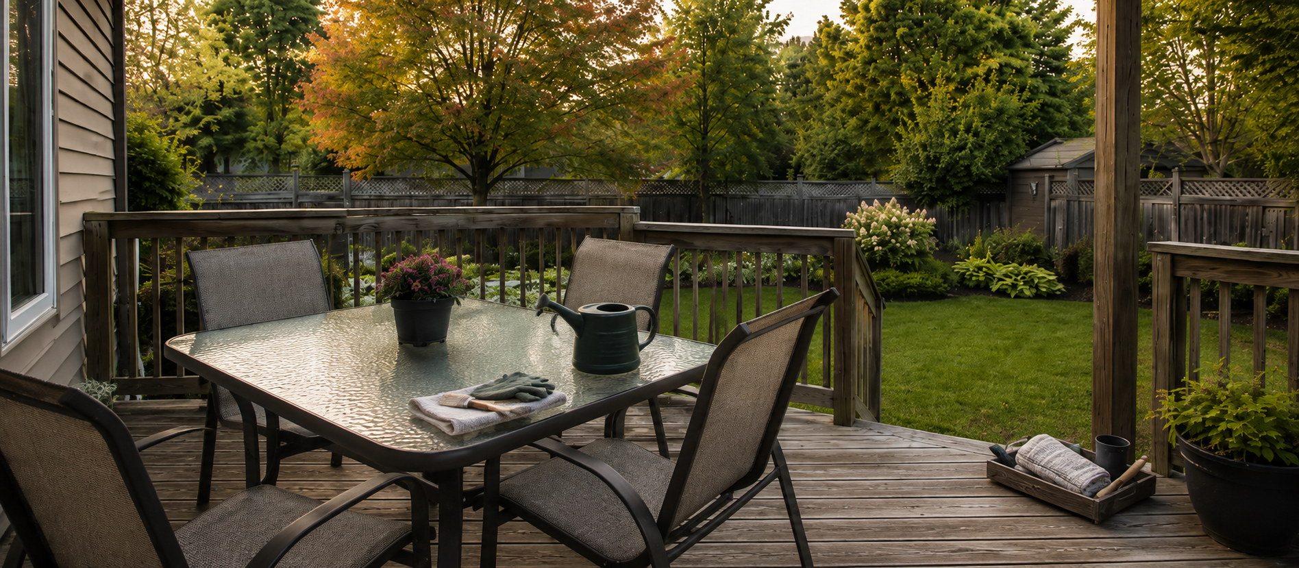 A backyard and deck behind a Canadian home.