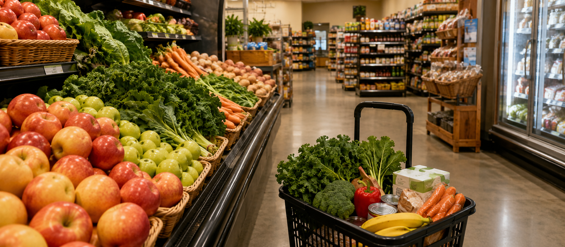 A grocery cart beside fresh food in a Canadian grocery store, representing ordinary spending that can vary in amount and timing.