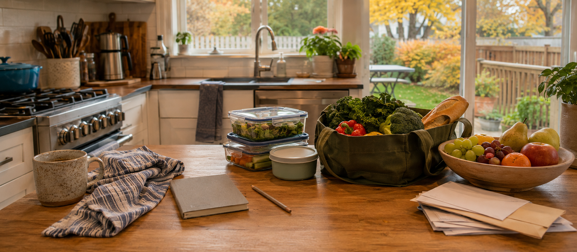A kitchen table with groceries, envelopes and a notebook, illustrating routine spending, planned bills and reserve purposes within one household.