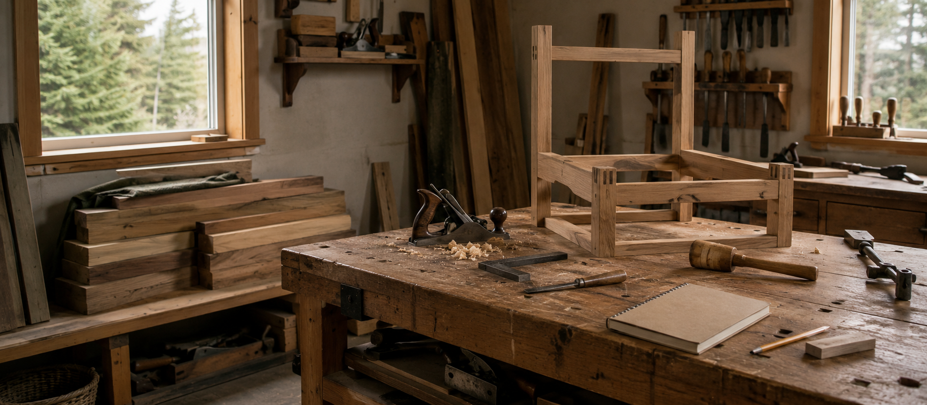 A woodworking bench with a carefully measured chair frame, representing the mechanics of RRSP deductions and taxable income planning.