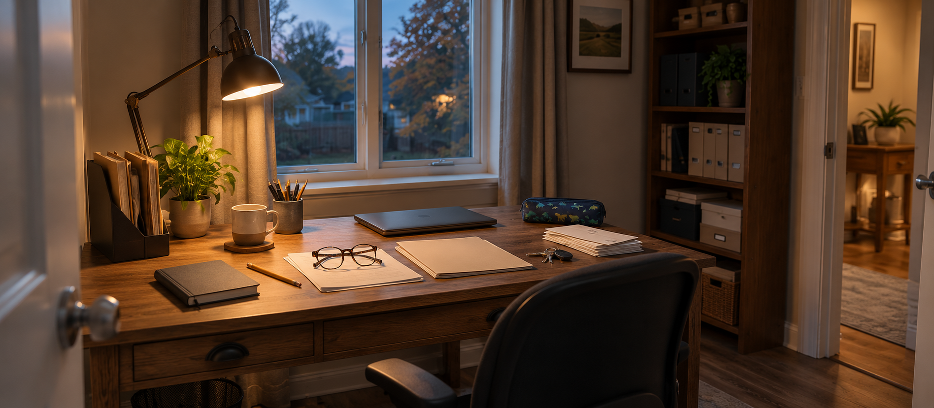 A home office desk with papers, reading glasses and a laptop at dusk.