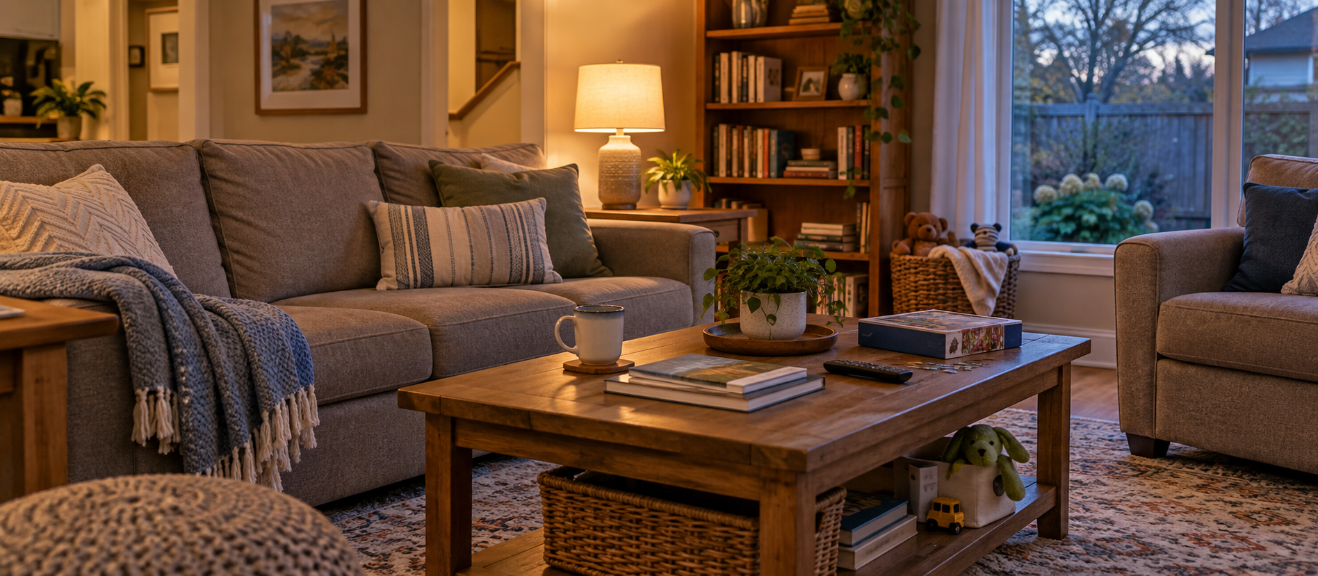 A family living room with books, toys and seating around a coffee table.