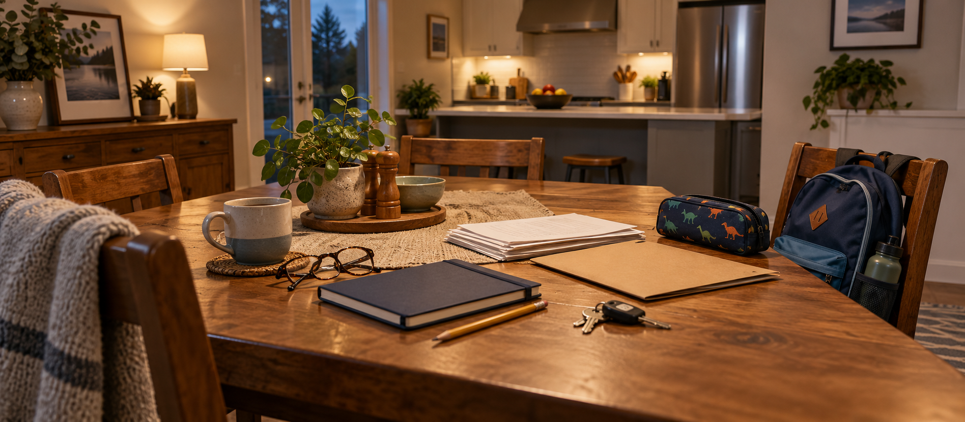 A dining table with planning papers, a folder, keys and a child's backpack.