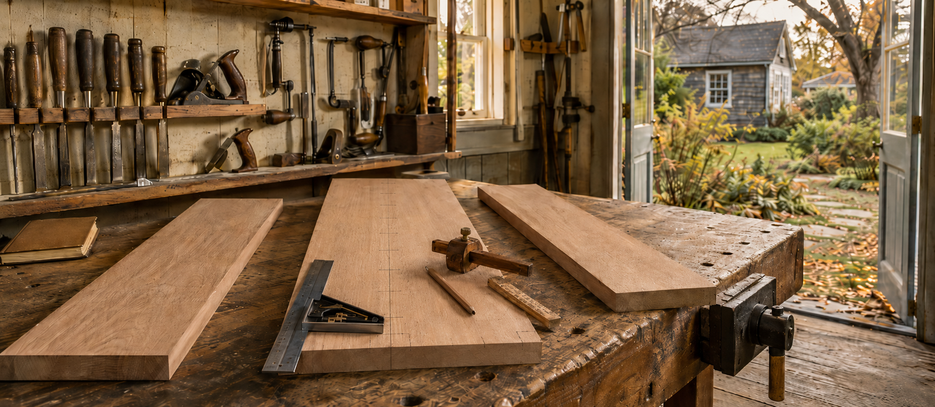 A workshop bench with measured boards and tools, representing how projection models are built from inputs, assumptions, and rules.