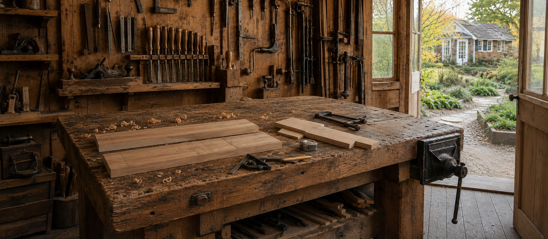 A workbench with measured wood pieces and tools, illustrating that a repayment comparison depends on clearly stated construction rules.