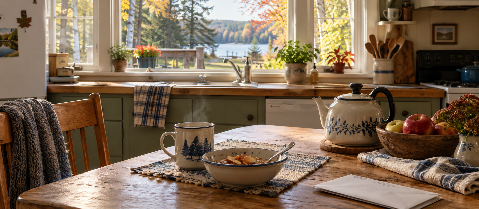 A warm kitchen and breakfast table overlooking a lakeside yard.