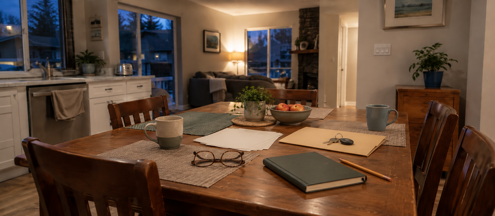 A dining table with papers, a folder, keys and reading glasses.