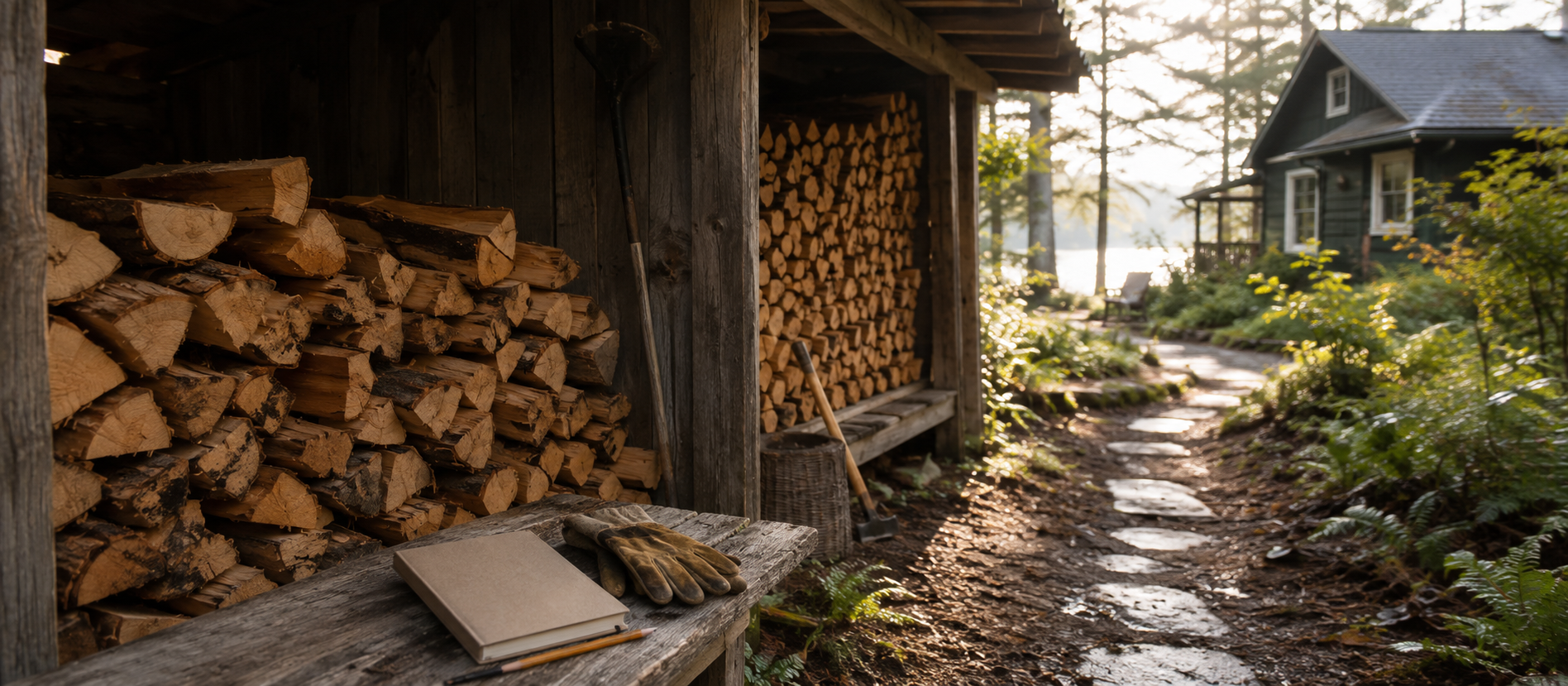 Stacked firewood beside a path to a cabin, representing choices about which retirement account to draw from over time.