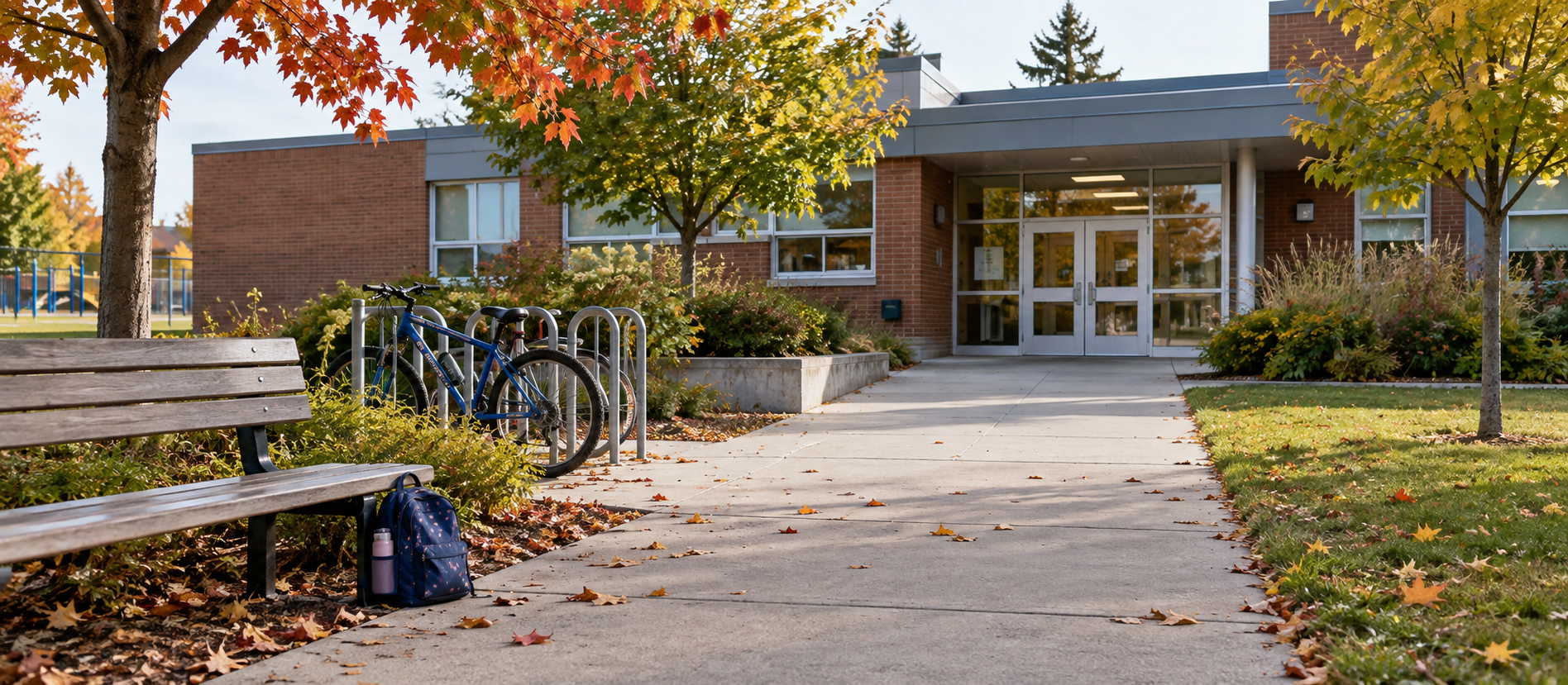 Entrance to a post-secondary campus in autumn, with a bicycle and backpack.