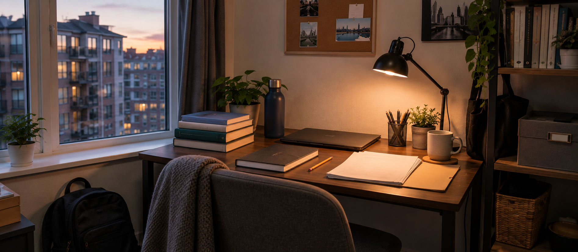 Student reviewing books, a laptop and papers at a desk.
