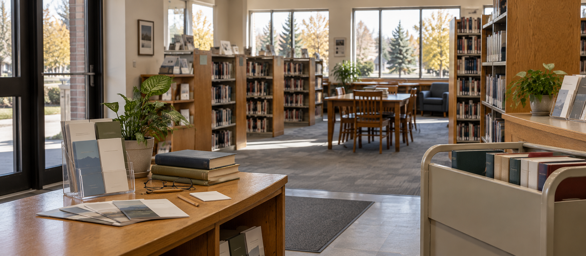 Interior of a post-secondary library with study tables and shelves.