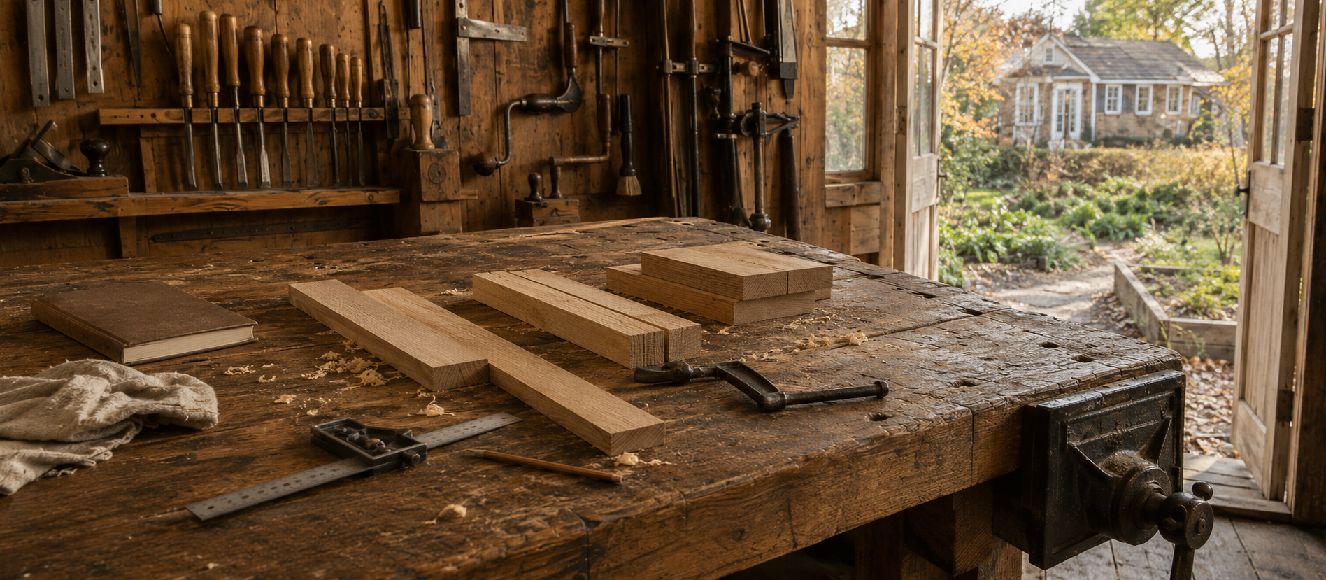 A woodworking bench with tools and wood pieces arranged for a careful build, representing the basic tax components used in retirement planning.