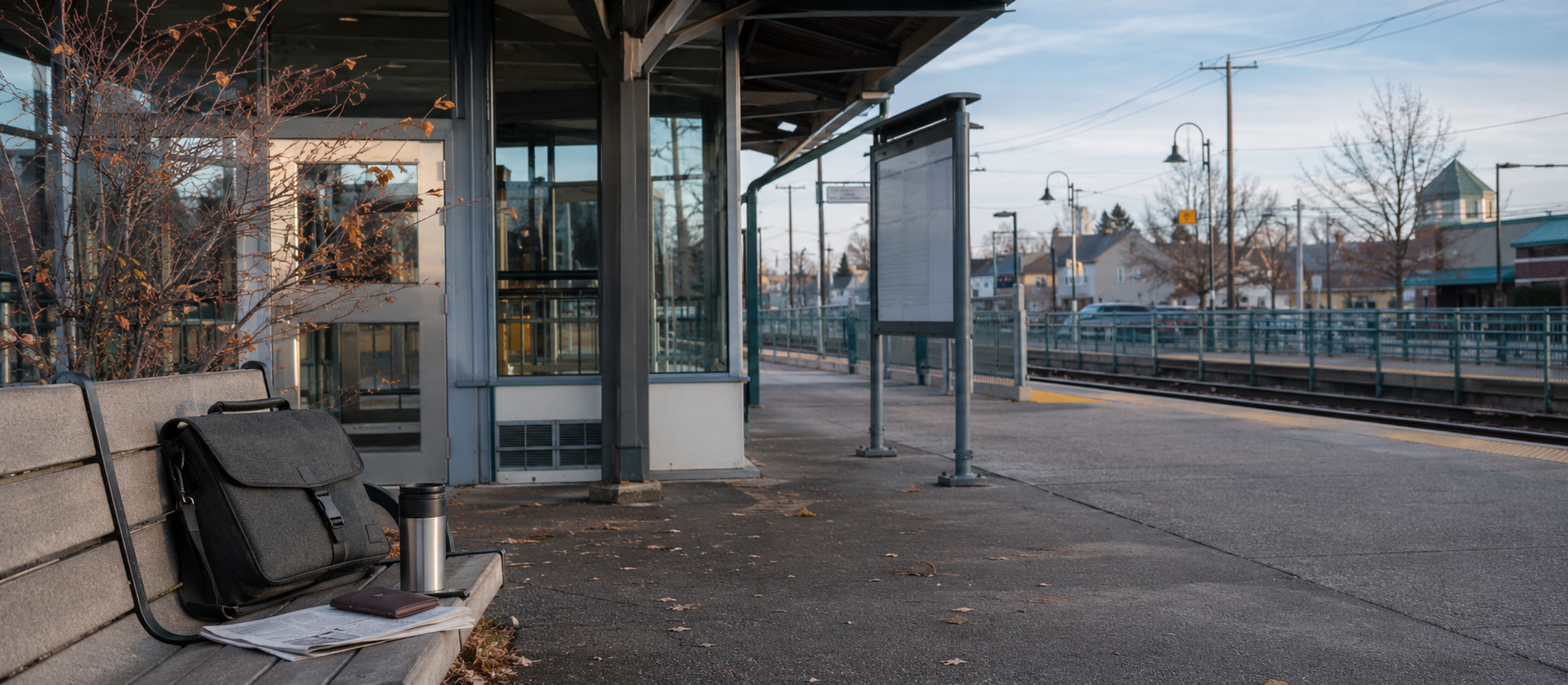 A quiet train platform with a work bag and papers, representing continuing work after retirement benefits begin.