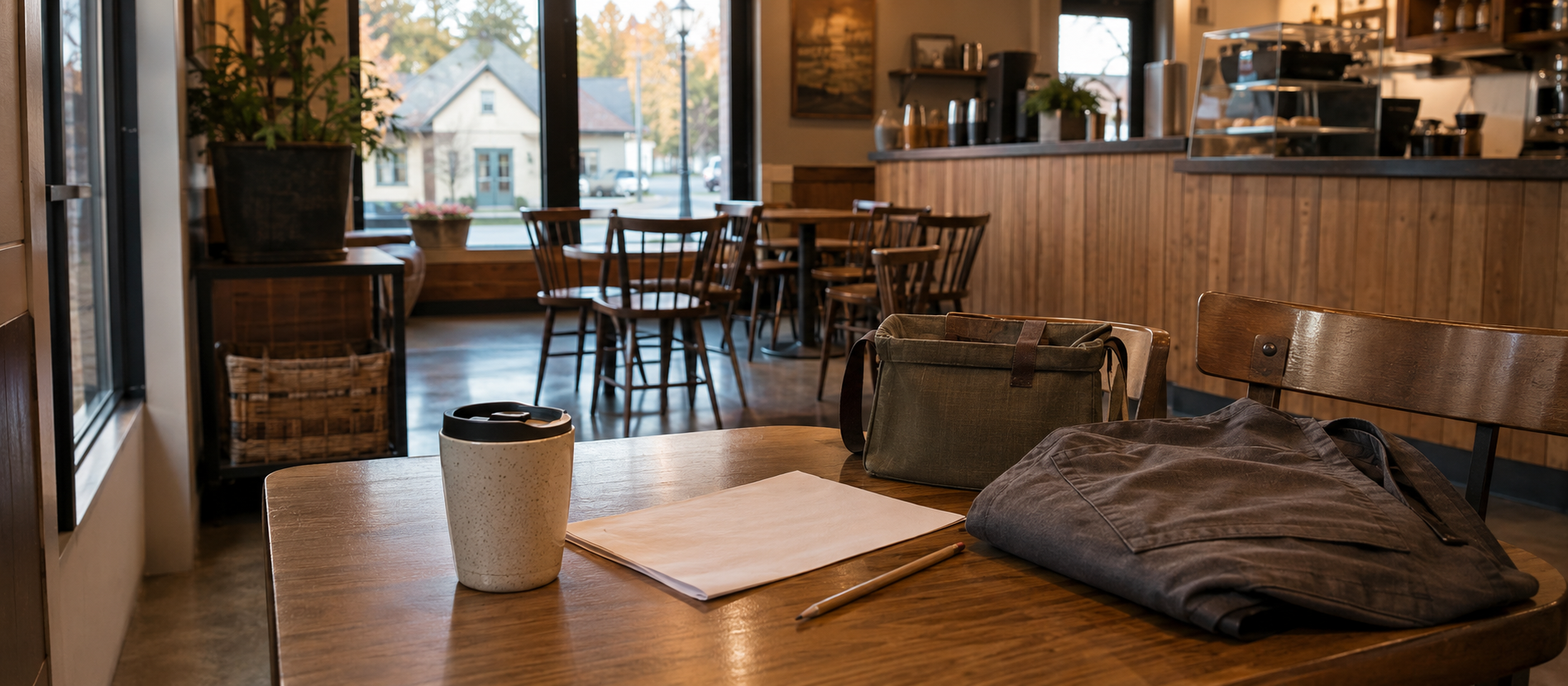 A cafe table with papers, a phone, and a work bag, representing a practical review of contribution and benefit choices.